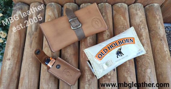 custom tobacco pouch Personalized Custom Initials - Hand Made Leather Tobacco Pouch - Sand Crazy  Horse Leather