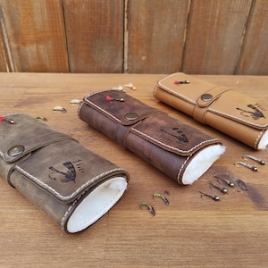 Personalized Leather Fly Fishing Wallet with Sheep skin -fishing wallets-fisherman gift-flies pouch-fly fishing gifts image 3