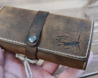 Portefeuille de pêche à la mouche en cuir personnalisé avec peau de mouton - portefeuilles de pêche-cadeau de pêcheur-pochette de mouches-cadeaux de pêche à la mouche