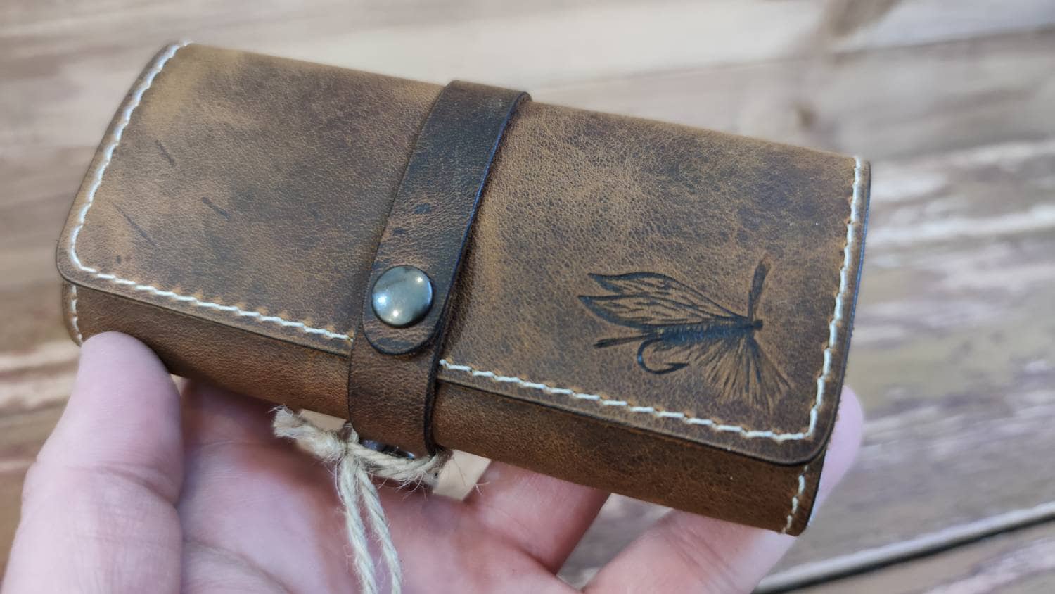 Personalized Leather Fly Fishing Wallet with Sheep skin Trout Jumping