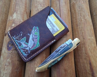 Personalized Leather Fly Fishing Wallet / Card Holder-Trout Jumping Custom Painted-fly fishing wallets-fisherman gift-fly fishing gifts