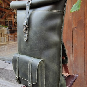 Personalized Leather Rolltop Backpack, Mens Backpack, Leather Rucksack Men, Office Bag, Travel Bag