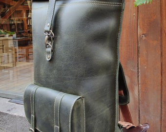 Personalized Leather Rolltop Backpack, Mens Backpack, Leather Rucksack Men, Office Bag, Travel Bag