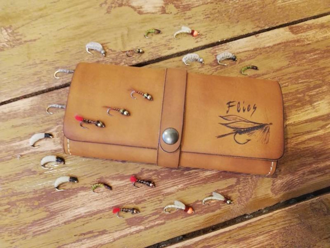Personalized Leather Fly Fishing Wallet With Sheep Skin Etsy
