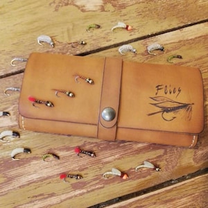Cartera de cuero personalizada para pesca con mosca con piel de oveja - carteras de pesca - regalo para pescadores - bolsa para moscas - regalos para pesca con mosca