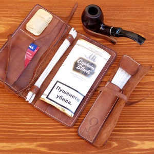 Personalized Leather Pipe & Tobacco Pouch Set - Include  Leather Pipe Cleaner Pouch and gift - Leather Pipe Stands