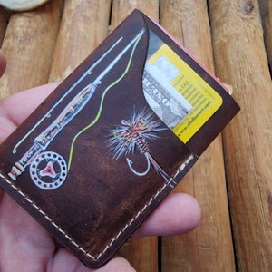 Cartera de cuero personalizada para pesca con mosca / Tarjetero - Trucha saltando - Carteras de pesca con mosca pintadas a medida - Regalo para pescador - Regalos de pesca con mosca
