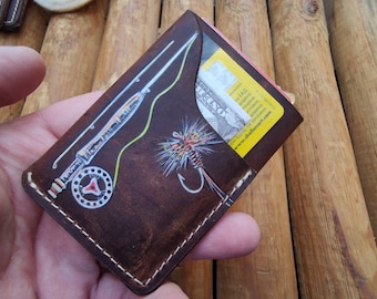 Personalized Leather Fly Fishing Wallet / Card Holder-Trout Jumping Custom Painted-fly fishing wallets-fisherman gift-fly fishing gifts