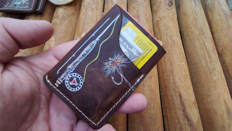 Personalized Leather Fly Fishing Wallet / Card Holder-Trout Jumping Custom Painted-fly fishing wallets-fisherman gift-fly fishing gifts image 1