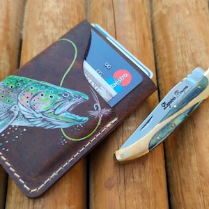 Personalized Leather Fly Fishing Wallet / Card Holder-Trout Jumping Custom Painted-fly fishing wallets-fisherman gift-fly fishing gifts image 4