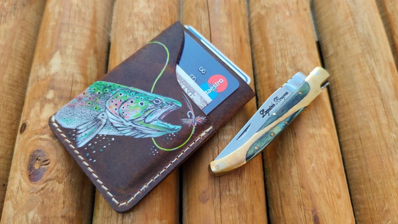 Personalized Leather Fly Fishing Wallet / Card Holder-Trout Jumping Custom Painted-fly fishing wallets-fisherman gift-fly fishing gifts image 4