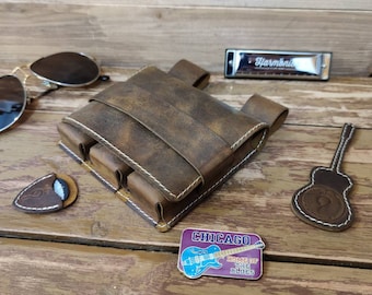 Estuche de armónica de cuero personalizado para tres armónicas diatónicas de 10 agujeros