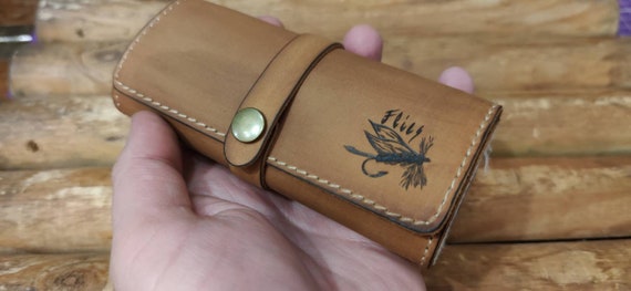 Genuine leather and lambskin shearing personalised fishing wallet flies fly fish 