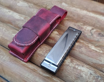 Personalized Leather harmonica case for one 10 hole diatonic harmonica