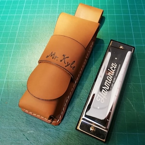 Personalized Leather harmonica case for one 10 hole diatonic harmonica
