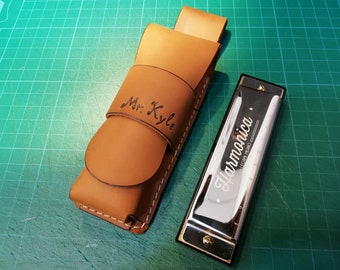 Personalized Leather harmonica case for one 10 hole diatonic harmonica