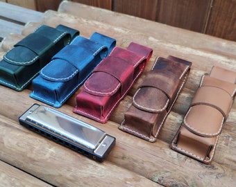 Personalized Leather harmonica case for one 10 hole diatonic harmonica