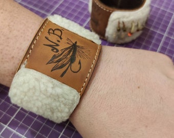 Leather Fly Fishing Cuff with Sheep Skin- Personalized with Pyrography and Initials-fishing wallets-flies pouch-fly fishing gifts