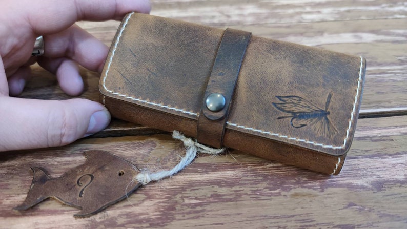 Personalized Leather Fly Fishing Wallet with Sheep skin fishing wallets-fisherman gift-flies pouch-fly fishing gifts image 3