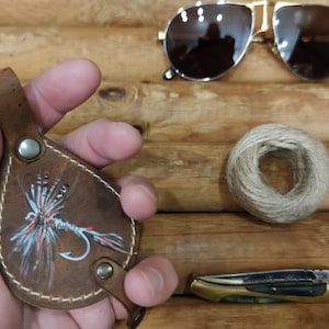 Cartera de cuero personalizada para pesca con mosca con piel de oveja - Carteras de pesca con mosca pintadas a mano personalizadas - Regalo para pescadores - Bolsa para moscas