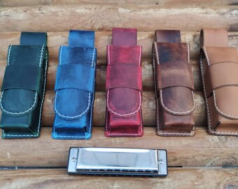 Personalized Leather harmonica case for one 10 hole diatonic harmonica