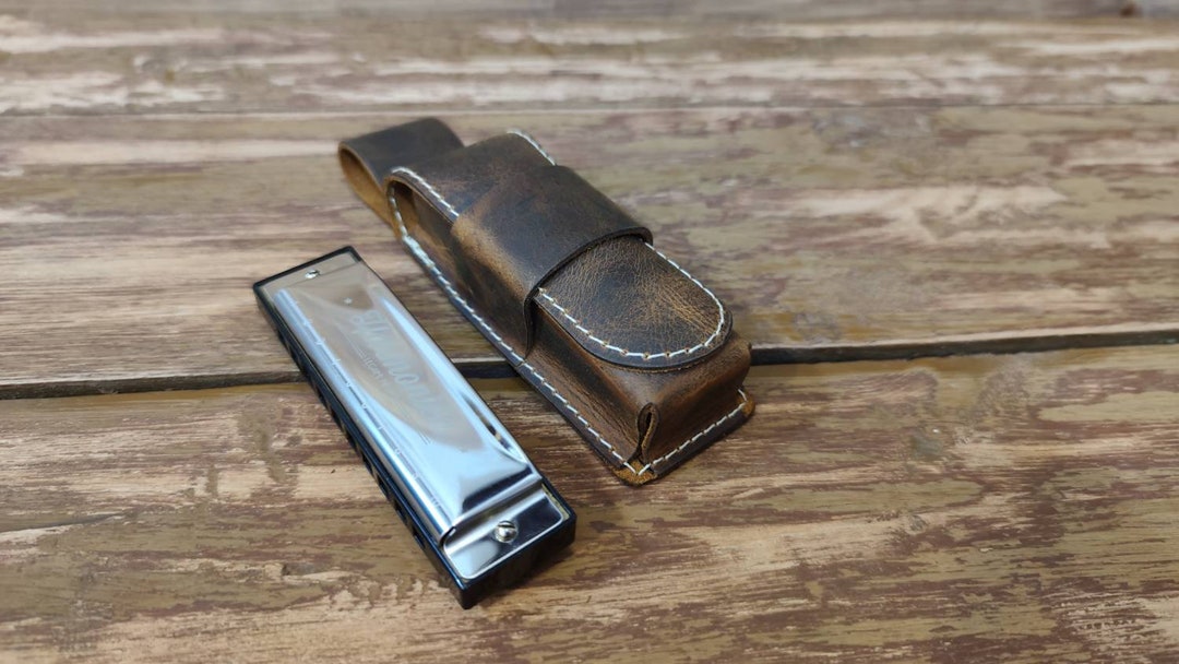 Personalized Leather Harmonica Case for One 10 Hole Diatonic Harmonica