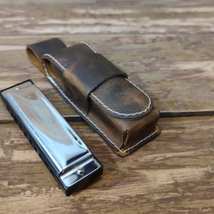 Personalized Leather harmonica case for one 10 hole diatonic harmonica