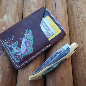 Personalized Leather Fly Fishing Wallet / Card Holder-Trout Jumping Custom Painted-fly fishing wallets-fisherman gift-fly fishing gifts image 5