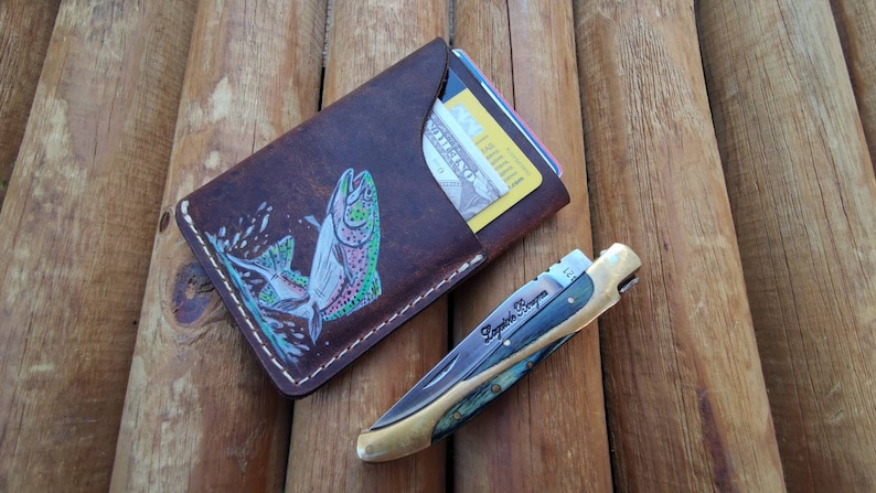 Personalized Leather Fly Fishing Wallet / Card Holder-Trout Jumping Custom Painted-fly fishing wallets-fisherman gift-fly fishing gifts image 5