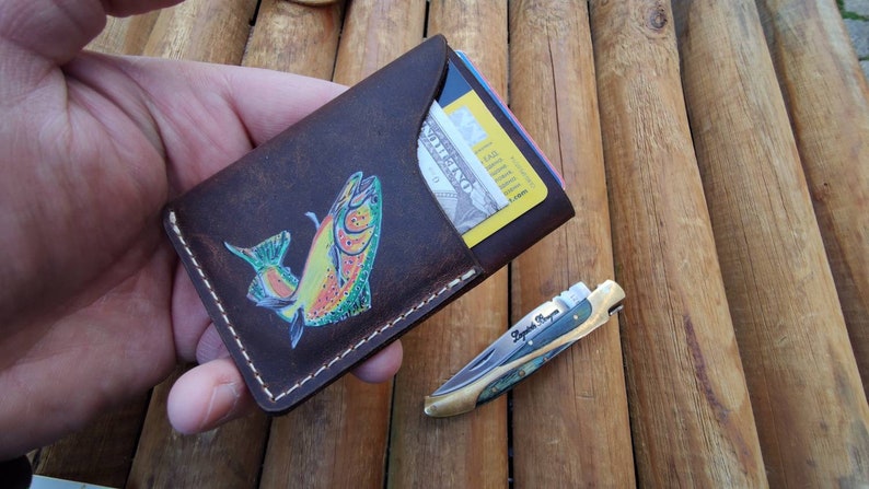 Personalized Leather Fly Fishing Wallet / Card Holder-Trout Jumping Custom Painted-fly fishing wallets-fisherman gift-fly fishing gifts image 7