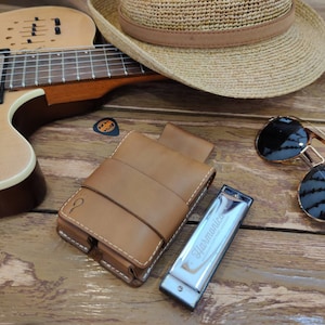 Personalized Leather harmonica case for two 10 hole diatonic harmonica
