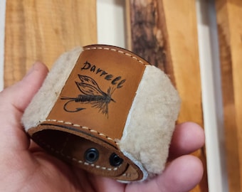 Leather Fly Fishing Cuff with Sheep Skin- Personalized with Pyrography and Initials-fishing wallets-flies pouch-fly fishing gifts