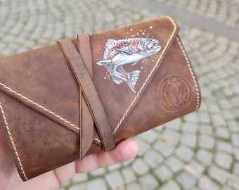 Personalized Leather Fly Fishing Wallet with Sheep skin- Trout Jumping Custom Painted-fishing wallets-fisherman gift-flies pouch