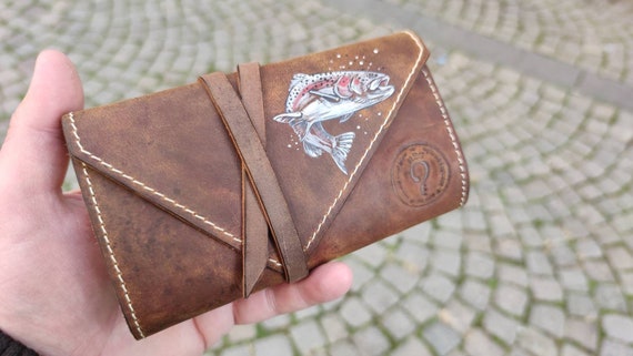 Personalized Leather Fly Fishing Wallet With Sheep Skin Trout Jumping  Custom Painted-fishing Wallets-fisherman Gift-flies Pouch 