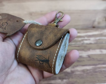 Personalized Leather Fly Fishing Wallet with Sheep skin- Custom Hand Pyrography Fly-fishing wallets-fisherman gift-flies pouch