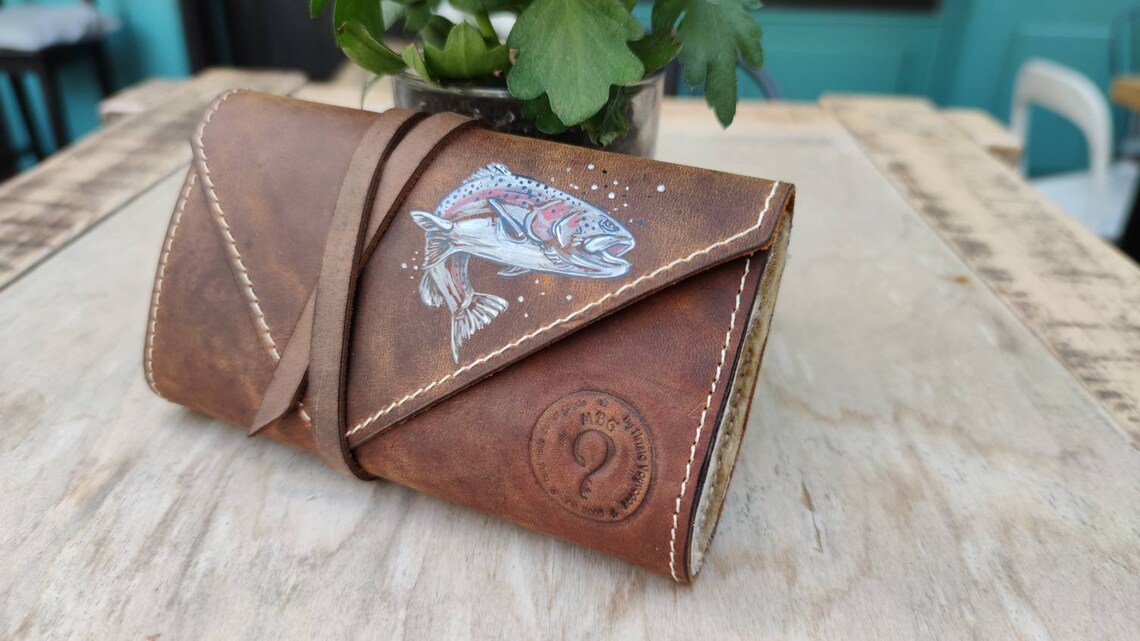 Personalized Leather Fly Fishing Wallet With Sheep Skin Trout | Etsy