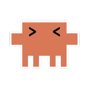 May include: A sticker featuring a stylized, orange, blocky character with black angled eyes. The character has a white border and a rectangular body with two horizontal extensions and three vertical legs.