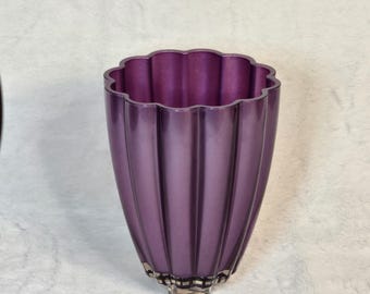 Vintage 7-Inch Amethyst Art Glass Vase | Scalloped Rim Plum Satin Finish | Heavy Clear Base Mid-Century Decor | Bold Purple Statement Piece