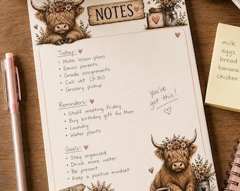 Highland Cow Notepad Printable | Floral Farmhouse Notes Page (Digital Download)