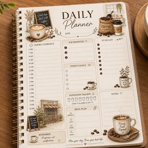 May include: A spiral-bound daily planner with a cream-coloured page featuring coffee-themed illustrations, including cups, a cafe storefront, and text such as Daily Planner, Hourly Schedule, Top Priorities, To Do List, Today's Goals, and Meal Plan.