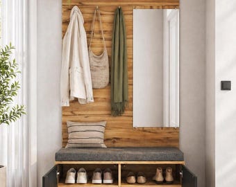 Moderne Garderobe mit Sitzbank und Stauraum, Garderobenständer mit Spiegel, Schuhschrank, Garderobenorganizer aus Holz, rustikale Eiche