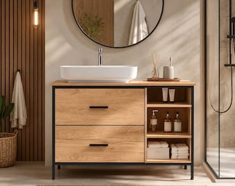 Rustic Oak Bathroom Vanity 90cm | Modern Farmhouse Sink Cabinet | Wooden Washstand with Drawers & Open Shelves