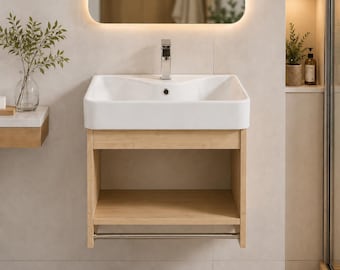 Floating Bathroom Vanity with Ceramic Sink, Oak Wall Mounted Vanity, Small Space Wash Basin Cabinet, Modern Vanity