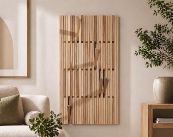 Modern Wall Mounted Coat Rack Wooden Entryway Organizer | Handmade Oak Slat Wall Hooks | Minimalist Hallway Storage Panel