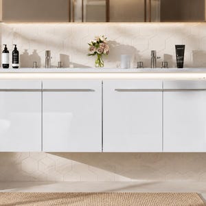 60” Floating Double Sink Vanity with LED Light, Modern White Wall Mounted Bathroom Vanity Cabinet