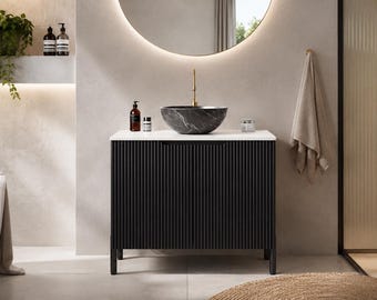 Black Fluted Bathroom Vanity Cabinet, Modern Freestanding Sink Base, Matte Black Storage Unit, Scandinavian Bath Furniture