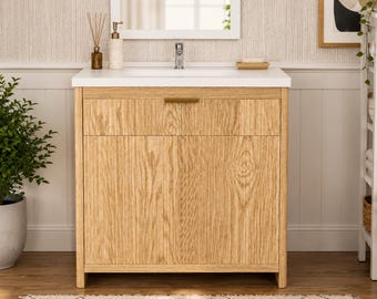 Fluted Oak Bathroom Vanity 31” | Modern Wood Bathroom Cabinet with Sink | Scandinavian Vanity Unit | Rustic Farmhouse Bathroom Storage