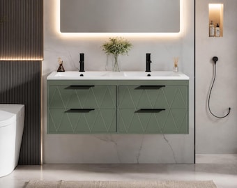 Modern Floating Double Sink Vanity 48” Sage Green Bathroom Cabinet, Geometric Wall Mounted Vanity with Drawers