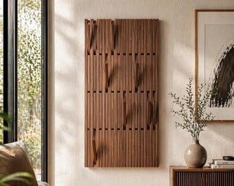 Perchero de pared de nogal, organizador moderno de madera para recibidor, perchero plegable con ganchos, panel de almacenamiento vertical para pasillo.