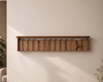 Perchero de madera de estilo moderno de mediados de siglo | Organizador de entrada de pared | Soporte para llaves con ganchos plegables | Estante de nogal